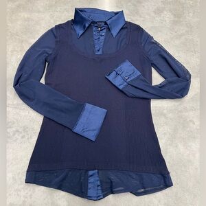 Y2K Christina navy layered satin collared mesh sleeve top M/L
